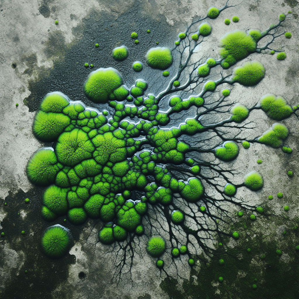 What is the green substance growing on damp concrete floor
